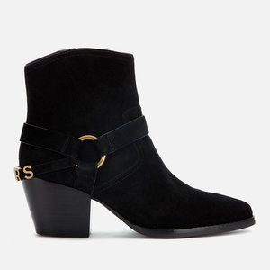 Michael Kors Goldie black suede western ankle boot / bootie, gold hardware